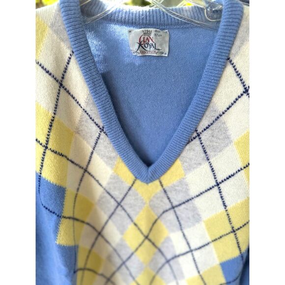 VTG Clan Royal Edinburgh Wool Blue Yellow Grey Argyle VNeck LS Sweater SZ EU 46 - Picture 2 of 7